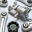 Car service. Auto motor mechanic spare or automotive piece on white background. Set of new metal car part. Technology of mechanical gear