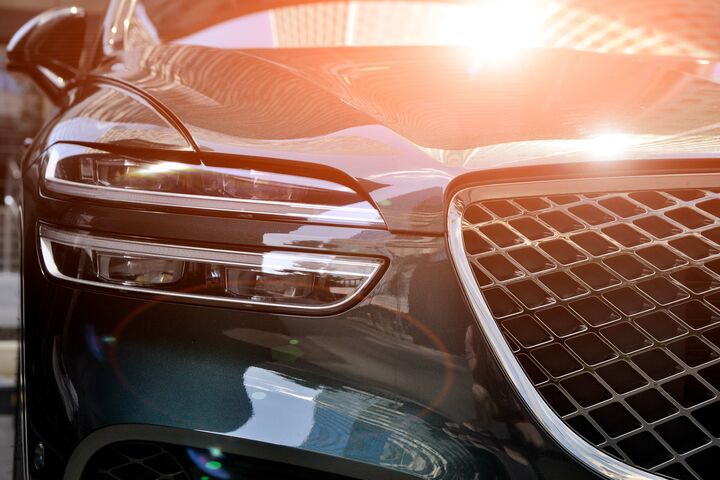 Moscow, Russia - June 26, 2022:cClose-up design of a new car headlight. Car headlight.