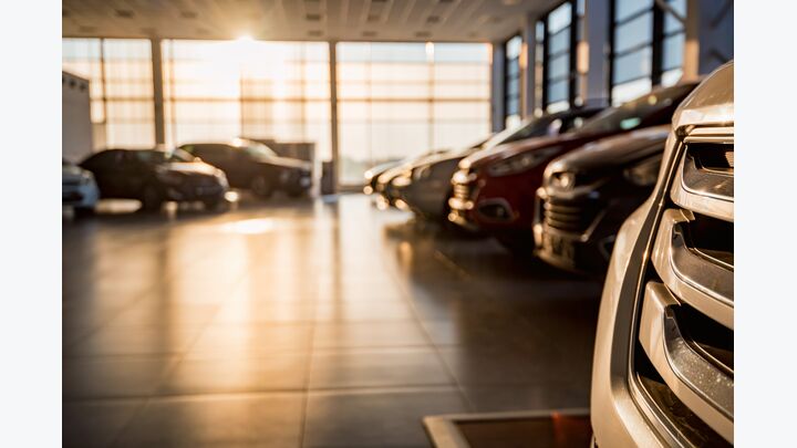 Stock of cars in showroom of automobile dealer with sunlight from window